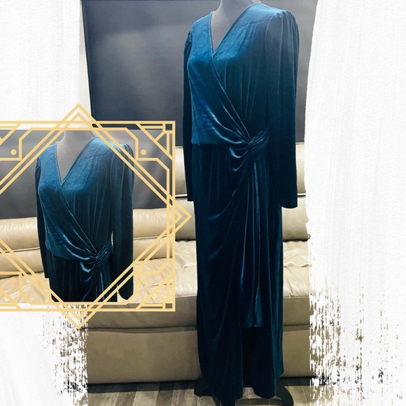 Obeeii Dresses & Skirts - Obeeii Stretch Velvet Long Sleeve Teal Blue Maxi Dress Size XL